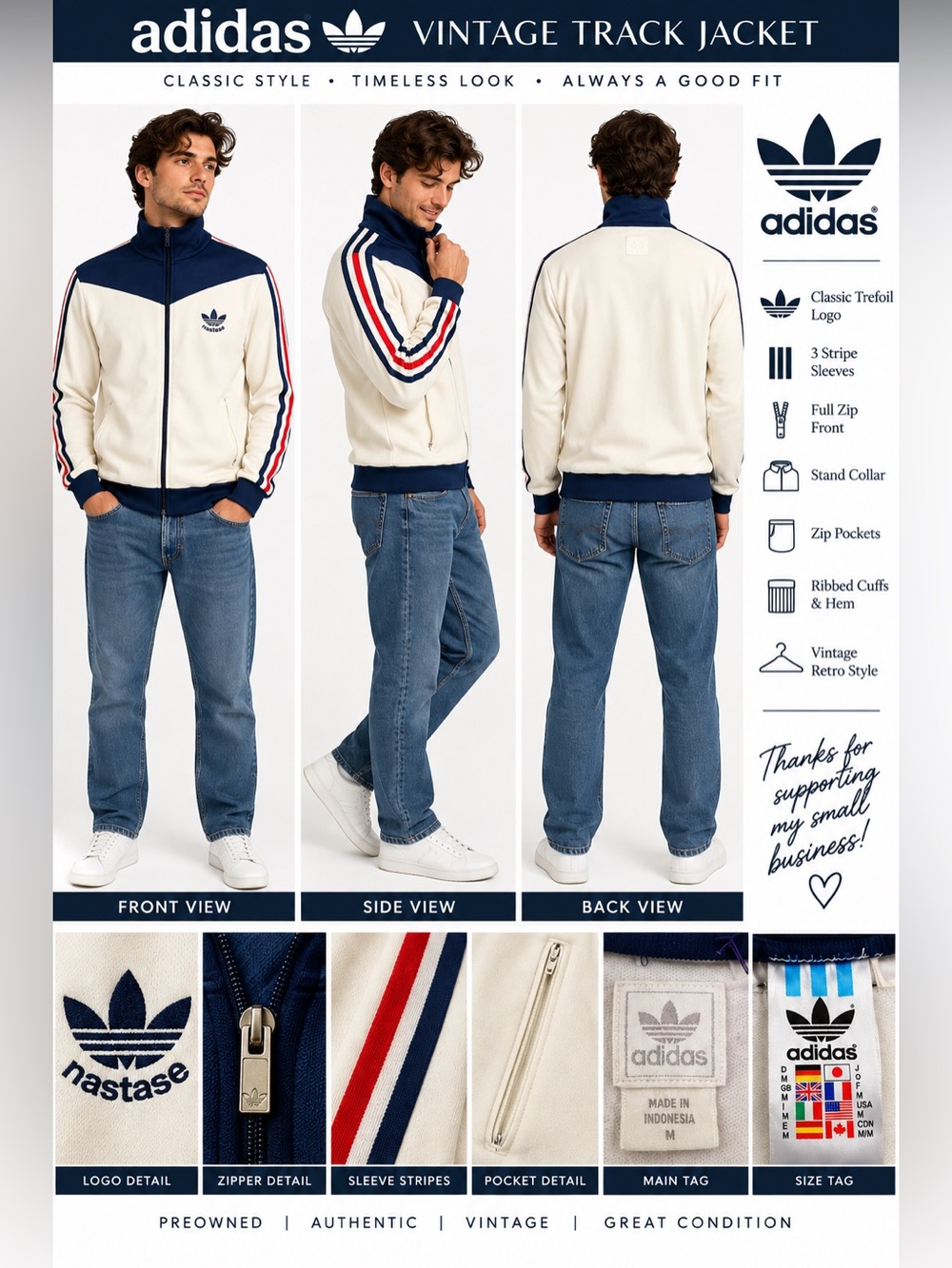 Vintage Adidas Originals Track Jacket Men’s M Cream Navy Red Trefoil 3 Stripe